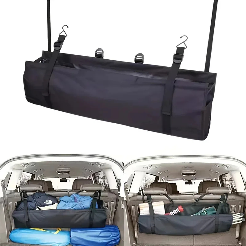Car Cargo Net Trunk - กระเป๋าจัดเก็บของท้ายรถความจุสูง ผ้าอ๊อกซ์ฟอร์ด ตาข่ายเก็บของหลังเบาะอเนกประสงค์ ปรับได้ ใช้ได้กับรถยนต์ทั่วไป