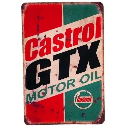 Castrol Oil Gtx - ป้ายโลหะคาสตรอล GTX มอเตอร์ ออยล์ ตกแต่งผนังร้านซ่อมรถสไตล์เรโทร สำหรับตกแต่งห้องแมนเคฟหรือโรงรถ